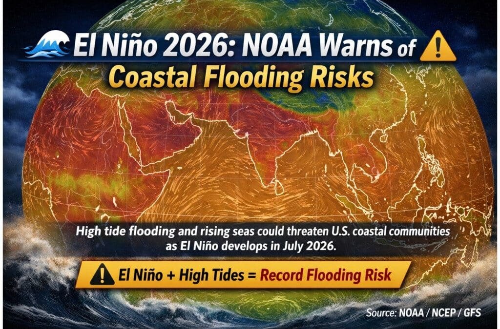 Global weather map showing El Niño impacts with temperature gradients and wind patterns."