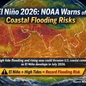 Global weather map showing El Niño impacts with temperature gradients and wind patterns."