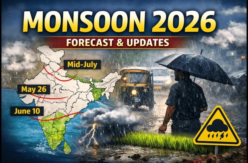 "Southwest Monsoon 2026 forecast map of India showing onset dates in Kerala (May 26), Mumbai (June 10), and Delhi (mid-July), with heavy rain scene and IMD weather alert icon."