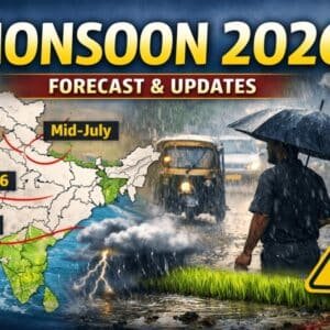 "Southwest Monsoon 2026 forecast map of India showing onset dates in Kerala (May 26), Mumbai (June 10), and Delhi (mid-July), with heavy rain scene and IMD weather alert icon."