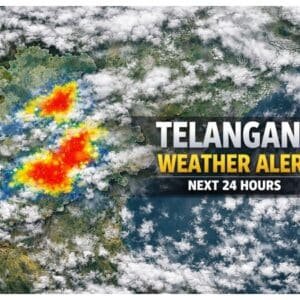*IMD satellite imagery showing active monsoon cells and heavy rainfall zones over Telangana. The image highlights cloud cover and precipitation intensity across the state.*