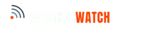 WeatherWatch horizontal brand logo featuring a dark grey radar signal icon with a bright orange radar dot, followed by the text 'WEATHERWATCH' where 'WEATHER' is in a light white outline and 'WATCH' is in solid bold orange block lettering against a white background.