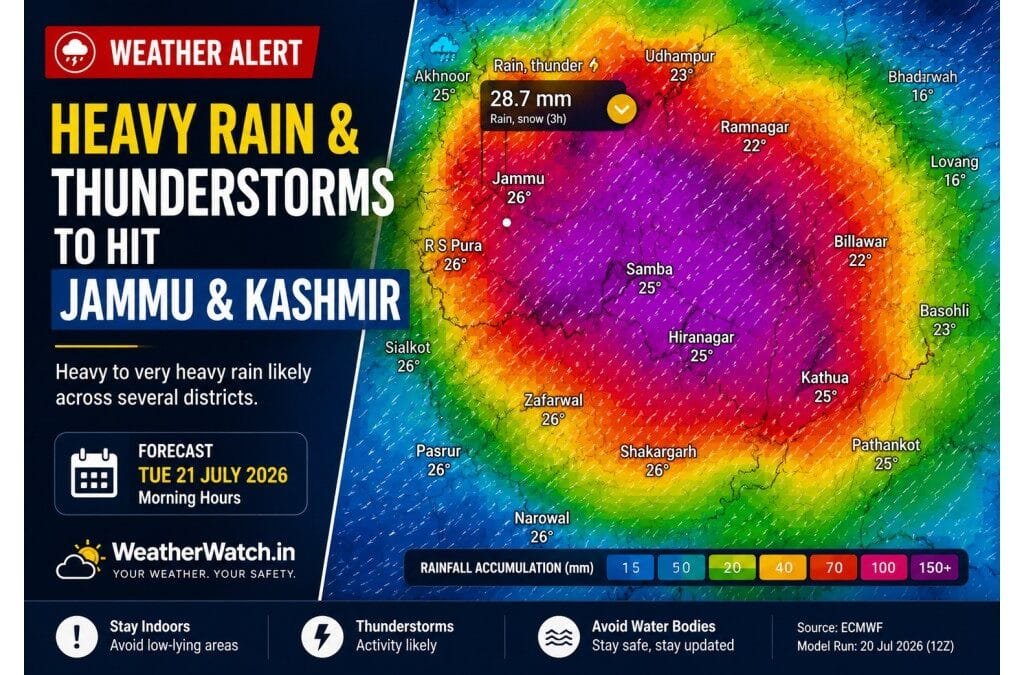 Heavy rain forecast map for Jammu and Kashmir showing thunderstorms expected on Tuesday, 21 July."