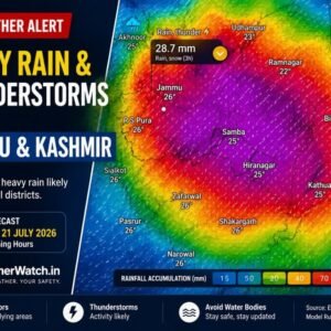 Heavy rain forecast map for Jammu and Kashmir showing thunderstorms expected on Tuesday, 21 July."