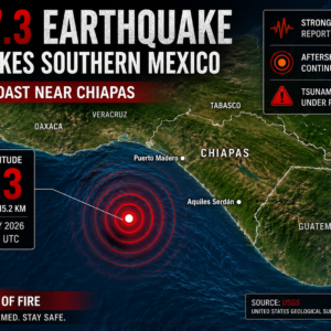 A magnitude 7.3 earthquake struck offshore near the southern coast of Chiapas, Mexico, on 17 July 2026, according to the U.S. Geological Survey (USGS).
