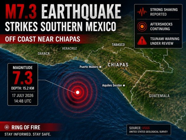 "Realistic map showing the magnitude 7.3 earthquake epicenter off the southern Mexico coast near Chiapas on July 17, 2026, with seismic waves and key earthquake details."
