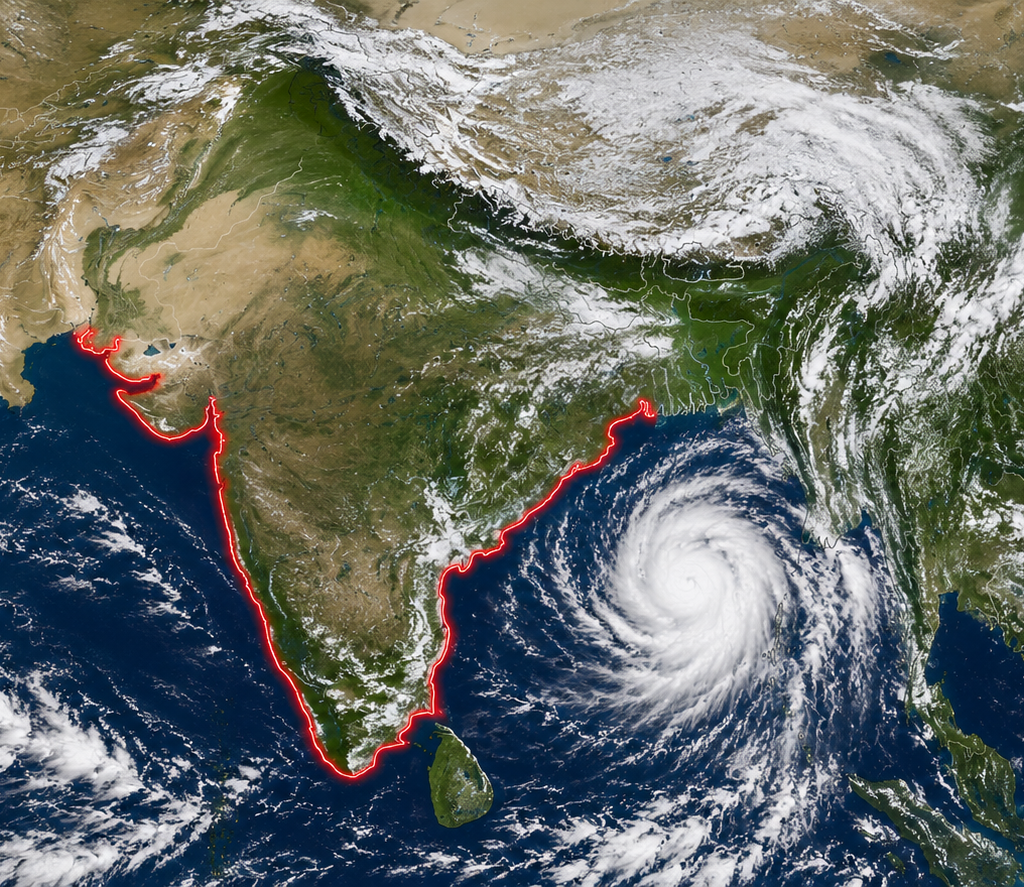 "Satellite image of India showing active southwest monsoon cloud bands over eastern India and the Bay of Bengal, with the east and west coasts highlighted in red."
