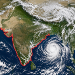 "Satellite image of India showing active southwest monsoon cloud bands over eastern India and the Bay of Bengal, with the east and west coasts highlighted in red."