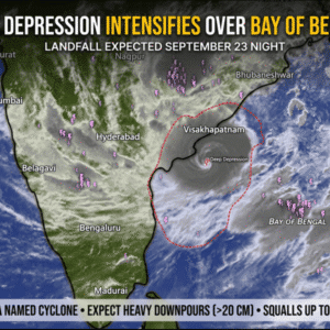 Bay of Bengal Depression may cross the Odisha–Andhra coast on Sept 23–24, bringing heavy rain, strong winds and rough seas.