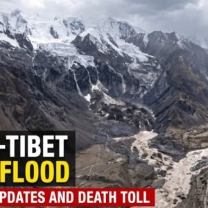 Satellite view of the Nepal–Tibet glacier collapse and flood-affected Himalayan river corridor.