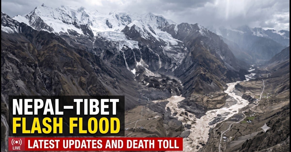 Satellite view of the Nepal–Tibet glacier collapse and flood-affected Himalayan river corridor.