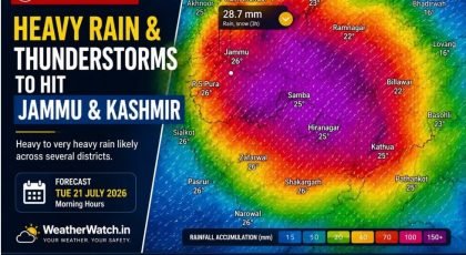 Heavy rain forecast map for Jammu and Kashmir showing thunderstorms expected on Tuesday, 21 July."