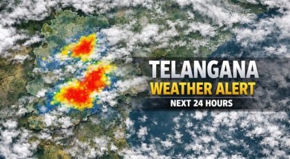 *IMD satellite imagery showing active monsoon cells and heavy rainfall zones over Telangana. The image highlights cloud cover and precipitation intensity across the state.*