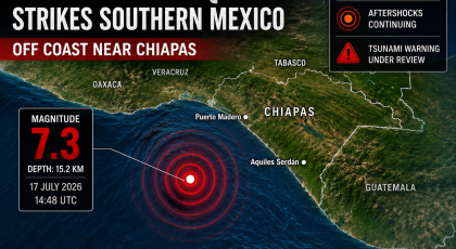 A magnitude 7.3 earthquake struck offshore near the southern coast of Chiapas, Mexico, on 17 July 2026, according to the U.S. Geological Survey (USGS).